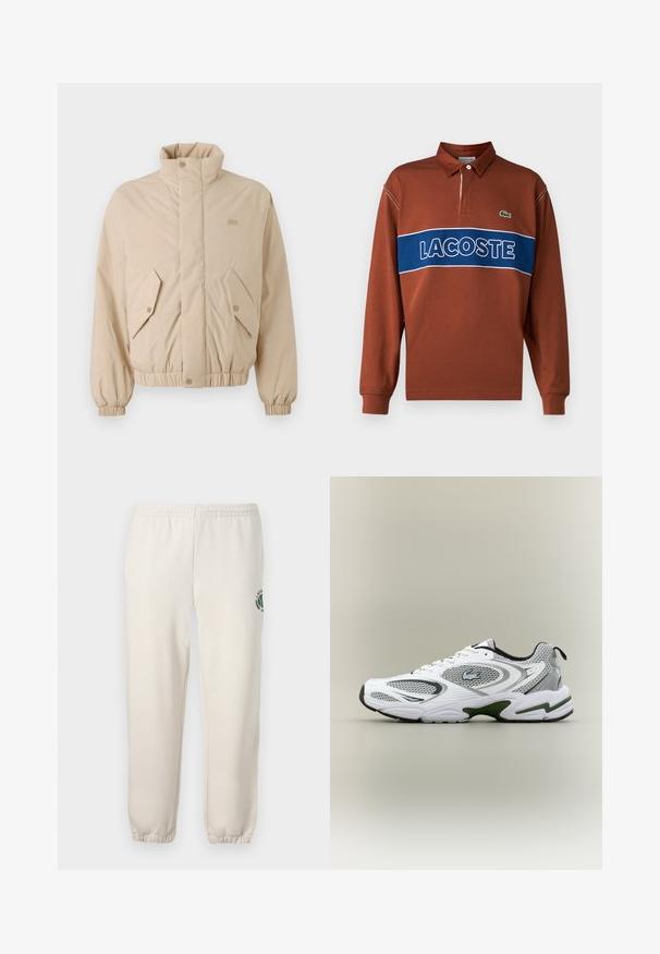 Beige polstret jakke med høj krave, elastiske manchetter og to skrå frontlommer. Har brandlogo broderet i matchende farve.; Langærmet polo shirt i rustbrun med en blå vandret stribe, der har hvid "LACOSTE" tekst. Indeholder en krave og grøn logo detalje.; Lys beige sweatpants lavet af bomuld, med elastisk talje, ribbede mansjetter og et grønt logo med bladdesign på venstre ben.; Hvid og grå sporty løbesko med mesh-paneler, grønne detaljer, sorte elementer og et logo på siden, vist fra ydersiden.