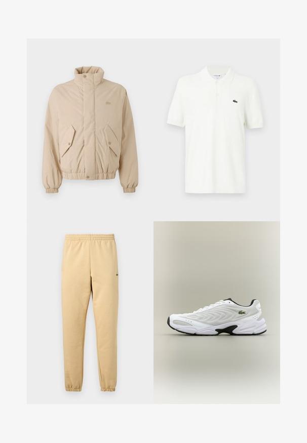 Beige polstret jakke med høj krave, elastiske manchetter og to skrå frontlommer. Har brandlogo broderet i matchende farve.; Hvid polo shirt lavet af glat bomuldsstof med en klassisk krave, tre-knaps placket og et lille grønt krokodillelogo på brystet.; Beige joggebukser med elastisk talje og manchetter, der har en lille grøn krokodillebroderet logo på højre lår.; Hvide atletiske sko med tekstureret mesh-overdel, buet design og kontrasterende sort ydersål. Har en grøn broderet logo på siden.