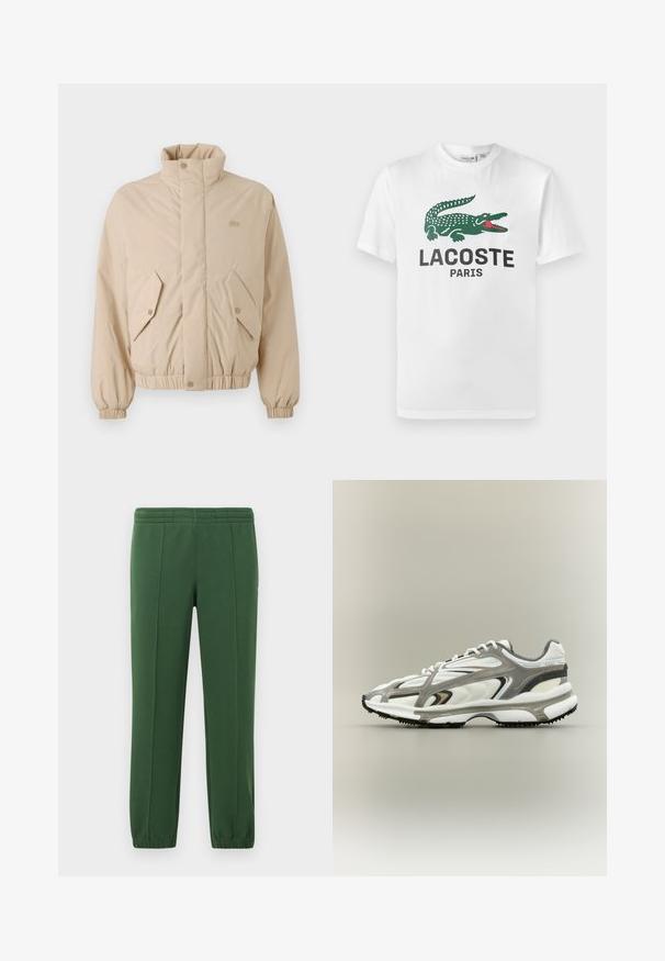 Beige polstret jakke med høj krave, elastiske manchetter og to skrå frontlommer. Har brandlogo broderet i matchende farve.; Lacoste T-shirts print - white; Grønne sweatpants lavet af blødt materiale; har en elastisk talje, tapered ben og et lille logo på siden.; Sportssko med en hvid mesh-overdel, grå accenter, sort gummisål og et strømlinet design. Har snørebånd og strukturerede detaljer.