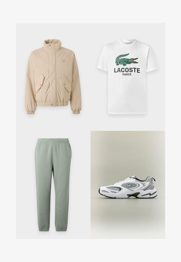 Beige gewatteerde jas met een hoge kraag, elastische manchetten en twee schuine voorzakken. Bevat het merklogo in bijpassende kleur geborduurd.; Lacoste T-shirt print - white; Lichtgroene sweatpants met een elastische tailleband, taps toelopende pijpen en opgerolde enkelboorden. Gemaakt van zachte, lichte stof.; Witte en grijze sportieve hardloopschoen met meshpanelen, groene accenten, zwarte details en een logo aan de zijkant, getoond vanaf de buitenkant.