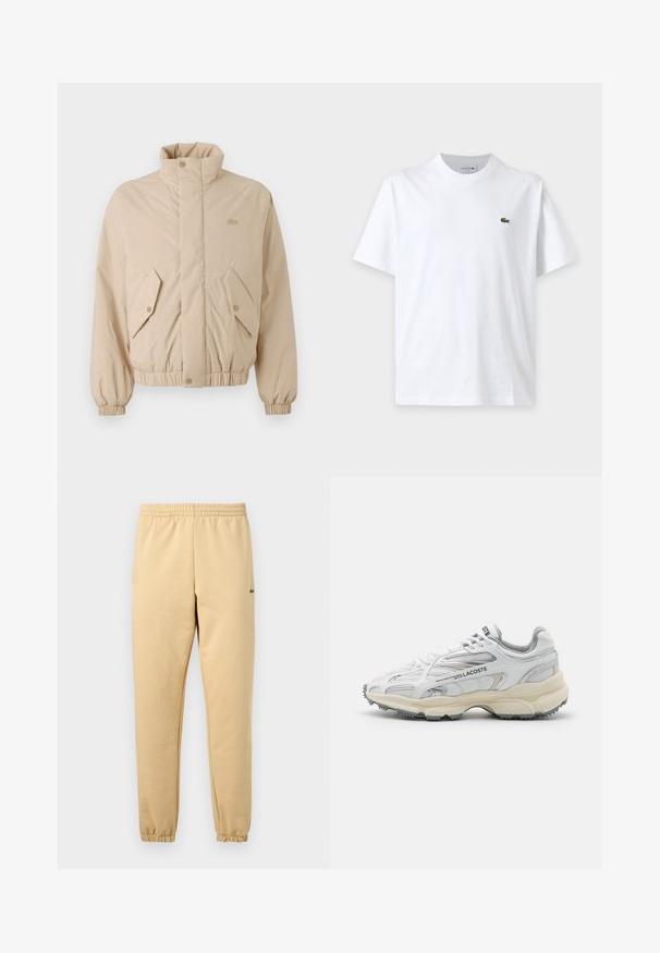 Beige polstret jakke med høj krave, elastiske manchetter og to skrå frontlommer. Har brandlogo broderet i matchende farve.; Simpel hvid t-shirt med korte ærmer, rund hals og lille grønt krokodillelogo på venstre bryst.; Beige joggebukser med elastisk talje og manchetter, der har en lille grøn krokodillebroderet logo på højre lår.; Hvide sportssko med grå detaljer, overdel i mesh og syntetiske materialer, snørebåndsdesign og tekstureret gummisål med grebemønstre.