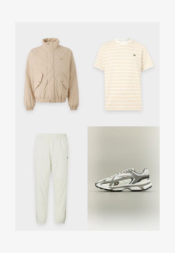 Beige gewatteerde jas met een hoge kraag, elastische manchetten en twee schuine voorzakken. Bevat het merklogo in bijpassende kleur geborduurd.; Korte mouw T-shirt met ronde hals en dunne horizontale beige strepen op een witte achtergrond, met een klein groen krokodillenlogo op de borst.; Creme kleurige lichte joggingsbroek met een elastische tailleband, cuffs bij de enkels, zijslitsen en een klein groen logo op de bovenbenen.; Sportschoen met een witte mesh bovenkant, grijze accenten, zwarte rubberen zool en een gestroomlijnd ontwerp. Bevat veters en textuurdetails.