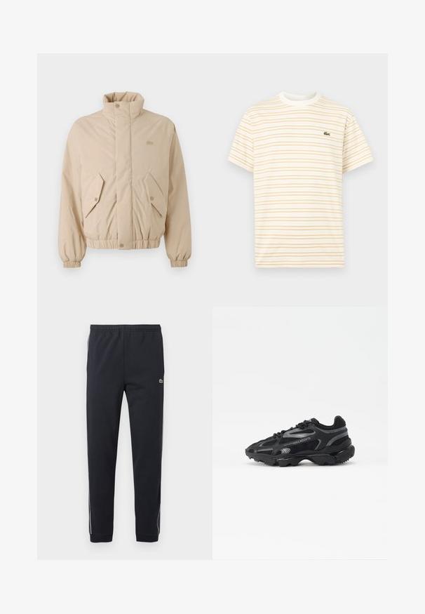 Veste matelassée beige avec un col haut, des poignets élastiques et deux poches avant angulaires. Présente le logo de la marque brodé dans une couleur assortie.; T-shirt à manches courtes avec col rond, à fines rayures horizontales beige sur fond blanc, arborant un petit logo de crocodile vert sur la poitrine.; Pantalon de sport noir avec taille élastique, jambes fuselées, bandes latérales blanches et petit logo crocodile vert sur la cuisse droite.; Baskets de sport noires avec tige en mesh et synthétique. Comprend une semelle texturée, des accents réfléchissants et un talon renforcé.