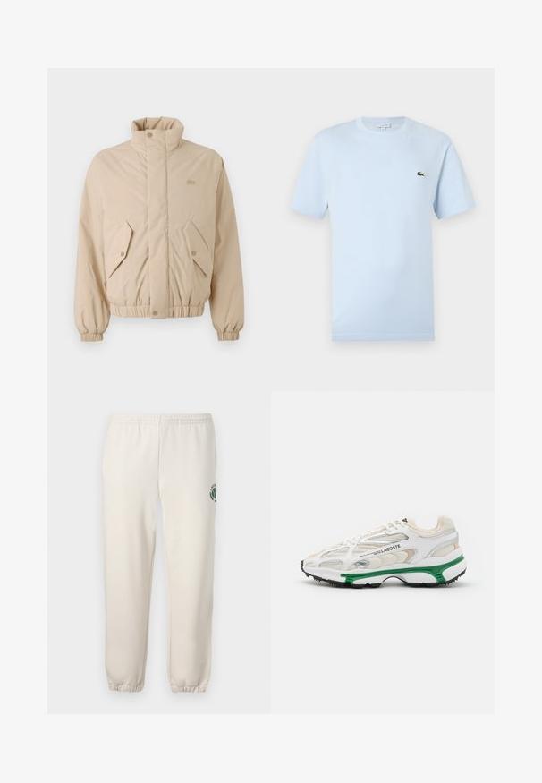 Beige polstret jakke med høj krave, elastiske manchetter og to skrå frontlommer. Har brandlogo broderet i matchende farve.; Lyseblå kortærmet T-shirt lavet af blødt bomuldsstof. Har et lille grønt broderet krokodille-logo på brystet.; Lys beige sweatpants lavet af bomuld, med elastisk talje, ribbede mansjetter og et grønt logo med bladdesign på venstre ben.; Hvide sneakers med grønne accenter og sort gummisål. Har mesh- og syntetiske paneler med en struktureret overflade og synlige sømme.