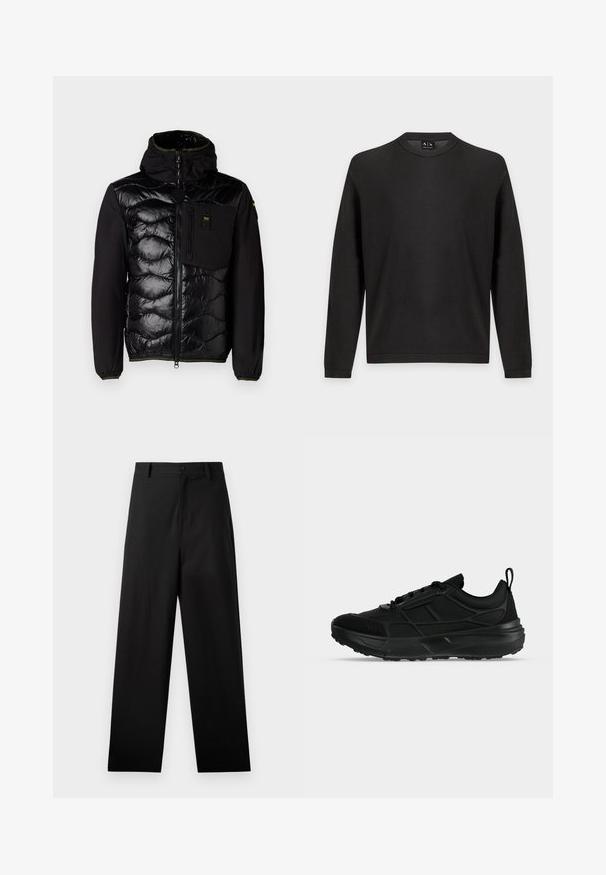 Veste noire isolante avec un devant matelassé, une capuche et des poches zippées. Caractérisée par un corps en tissu lisse et des poignets élastiques avec des accents verts.; Pull noir texturé à manches longues avec col rond, poignets et ourlet côtelés sur fond gris clair.; Pantalons noirs en coton avec une coupe droite, dotés d'une fermeture à bouton à l'avant et de poches latérales. Texture lisse, sans motifs.; Baskets de sport noires avec tige en mesh et synthétique, fermeture à lacets, col rembourré et semelle épaisse en caoutchouc, vues de profil.