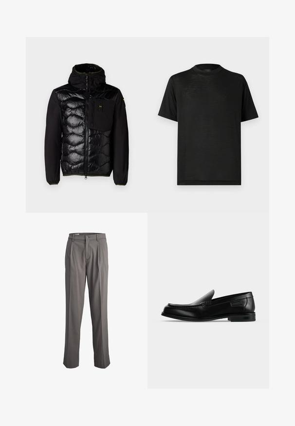 Veste noire isolante avec un devant matelassé, une capuche et des poches zippées. Caractérisée par un corps en tissu lisse et des poignets élastiques avec des accents verts.; T-shirt noir à manches courtes avec un col montant, présentant une texture lisse et une légère brillance, fabriqué en tissu léger. Aucun logo visible.; Pantalons gris sur mesure avec plis, présentés sur fond blanc. Équipés d'une fermeture à bouton et d'une coupe droite.; Mocassin noir en cuir à enfiler avec un petit talon, un bout arrondi et des surpiqûres décoratives le long du bord supérieur.