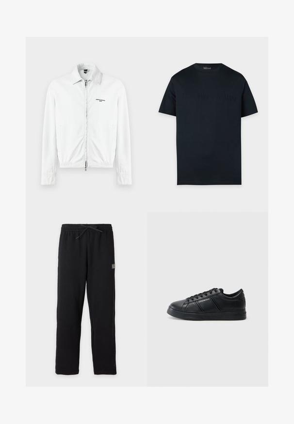 Veste en velours côtelé blanche avec une fermeture éclair avant intégrale, col, poches latérales et logo "Armani Exchange Milano" sur la poitrine.; T-shirt noir à manches courtes et col rond avec un logo Emporio Armani embossé discret sur la poitrine, sur un fond uni.; Pantalon de survêtement noir avec taille élastique et cordon, avec un petit patch logo EA7 rectangulaire sur la partie supérieure de la cuisse gauche.; Baskets en cuir noir avec une finition lisse, bout arrondi, fermeture à lacets, col rembourré et accents latéraux texturés. Détail du logo subtil visible.
