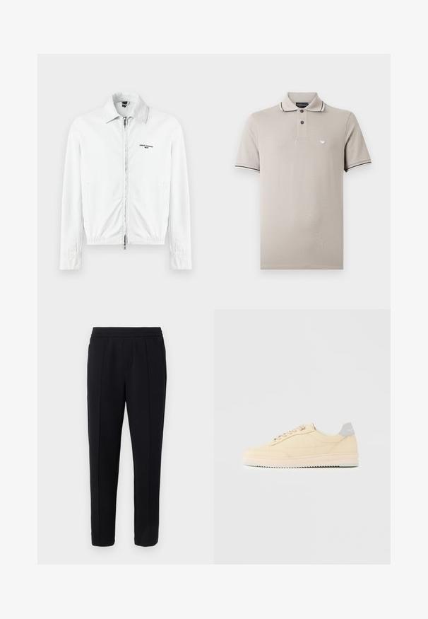 Veste en velours côtelé blanche avec une fermeture éclair avant intégrale, col, poches latérales et logo "Armani Exchange Milano" sur la poitrine.; Polo à manches courtes beige clair avec deux boutons noirs, fines rayures noires et blanches sur le col et les bords des manches, et petit logo sur la poitrine.; Pantalon noir sur mesure avec ceinture élastique, plis avant soigneusement repassés, et coupe droite, sur un fond gris clair.; Baskets basses beige à lacets, semelle rose clair et languette grise à l'arrière marquée "Filling Pieces", vues de profil sur fond uni.