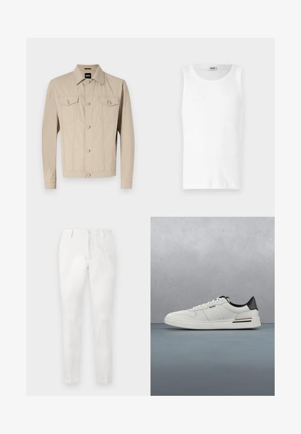 Beige denimjakke med klassisk krave, frontlukning med knapper og to brystlommer; har sømdetaljer og lange ærmer.; Hvid bomulds tanktop uden ærmer med rund halsudskæring og en glat tekstur. Enkel design, ingen mønstre eller accenter.; Hvide bukser med skræddersyet pasform, der har en flad front, to sidelommer og en enkelt baglomme. Lavet af glat stof.; Hvide lavtoppede sneakers med sort hæl, snørebånds lukning, subtile perforeringer og "BOSS" logo på siden, vist fra ydersiden i profil.