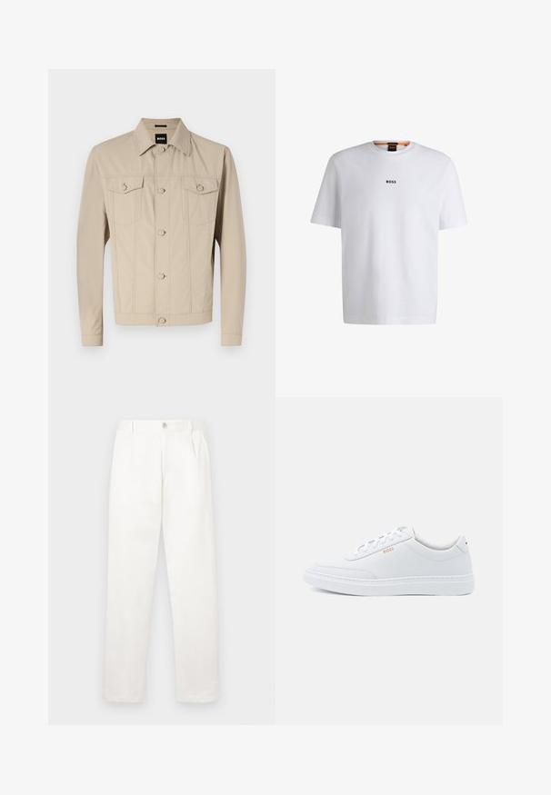 Beige denimjakke med klassisk krave, frontlukning med knapper og to brystlommer; har sømdetaljer og lange ærmer.; Hvid bomuld T-shirt med korte ærmer, med et sort "BOSS" logo centreret på brystet og en rund halsudskæring.; Hvide bukser lavet af glat stof, med en lige ben design, forpleater og en enkelt knap lukning i taljen.; Hvide lædersneakers med glat tekstur, rund tå og ton-i-ton syning. Har blå snørebånd og et gult logo på siden.