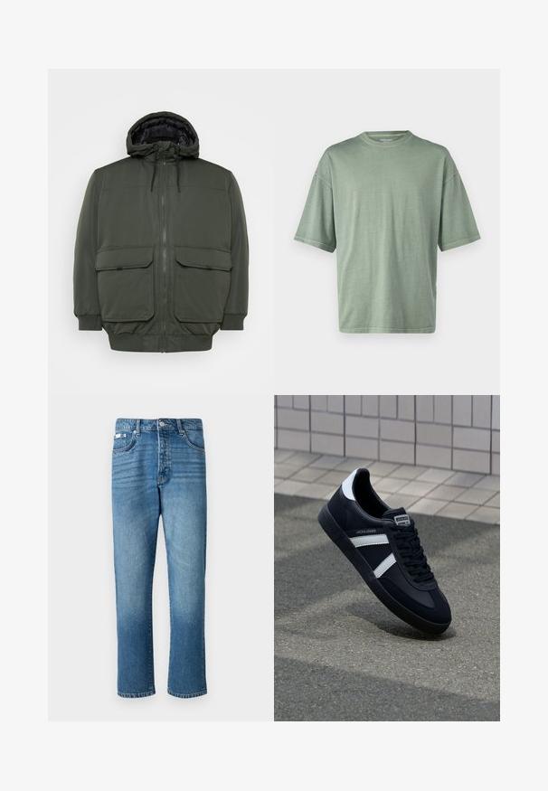 Jack & Jones JJCONSTRUCT - Veste d'hiver - rosin; T-shirt vert clair à manches courtes avec un col rond et une coupe décontractée ; fabriqué dans un matériau doux avec une texture lisse.; Jeans en denim bleu clair avec une coupe droite, dotés d'un bouton de fermeture, de cinq poches et d'un léger décoloration sur les cuisses et l'ourlet.; Sneaker en cuir noir avec des rayures blanches, semelle en caoutchouc texturée et devant à lacets. Présente une étiquette de marque sur la languette.
