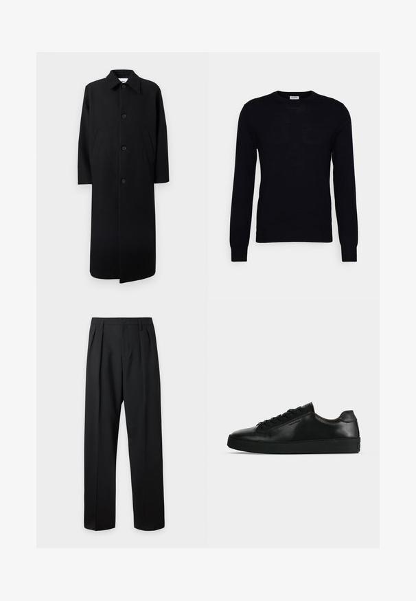 Long manteau noir avec un col pointu, quatre boutons à l'avant et deux poches latérales inclinées sur un fond blanc.; Pull noir à manches longues en tricot doux. Encolure ronde, poignets et ourlet côtelés. Design minimaliste sans motifs ni boutons visibles.; Pantalon noir taille haute, sur-mesure, avec passants pour ceinture, plis sur le devant, fermeture par bouton et jambes droites larges sur fond clair.; Basket basse en cuir noir avec lacets noirs et semelle épaisse noire, vue de profil sur fond gris clair.