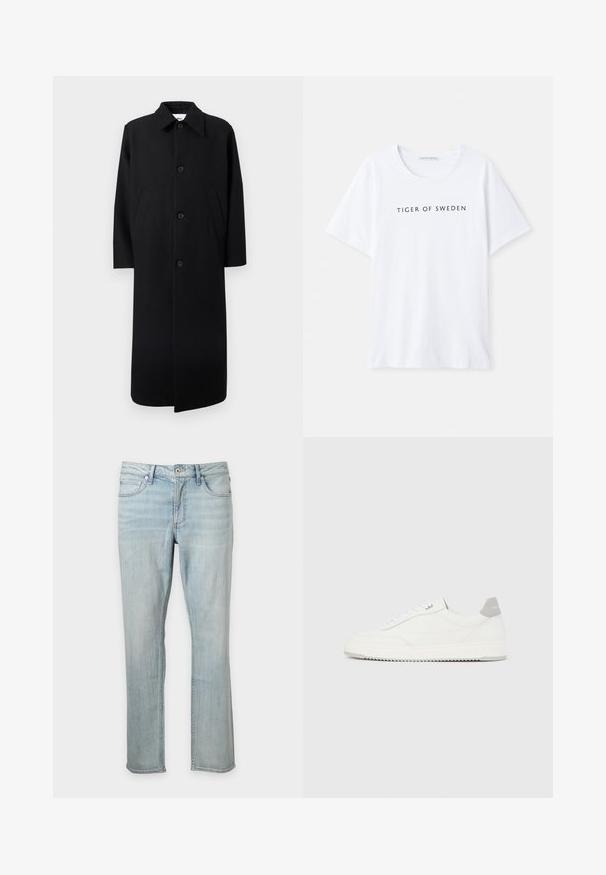 Langer schwarzer Übermantel mit spitzem Kragen, vier Knöpfen vorne und zwei schräg angesetzten Seitentaschen vor unifarbenem Hintergrund.; Weißes T-Shirt mit rundem Halsausschnitt und kurzen Ärmeln. Schwarzer Text mit der Aufschrift "TIGER OF SWEDEN" zentral auf der Vorderseite. Glatte Stofftextur.; Hellblaue Jeans aus Denim mit geradem Bein, klassischem Fünf-Taschen-Stil, Knopf- und Reißverschluss, auf schlichtem Hintergrund dargestellt.; Weißer Sneaker mit niedrigem Schaft, grauem Fersenlaschen, weißen Schnürsenkeln und einer strukturierten Sohle, dargestellt vor einem schlichten hellen Hintergrund.