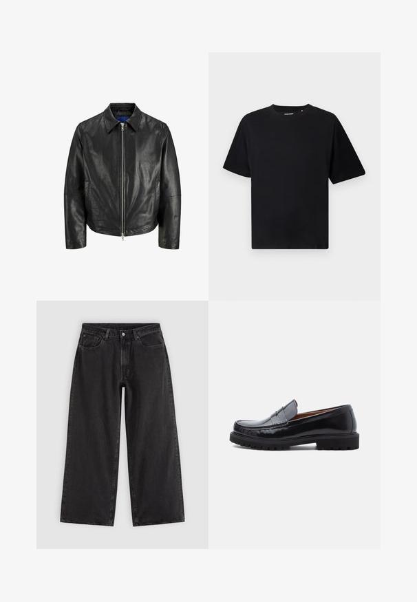 Veste en cuir noir avec un col, fermeture éclair à l'avant et manches longues. Présente une texture lisse et un design minimaliste.; T-shirt noir à manches courtes et col ras du cou avec une coupe décontractée, présenté sur un fond blanc.; Jean en denim noir à jambes larges avec poches avant, passants pour ceinture et fermeture par boutons, présenté sur un fond clair uni.; Mocassin penny en cuir noir avec semelle en caoutchouc épaisse et couture moc toe, montré de profil sur un fond blanc.