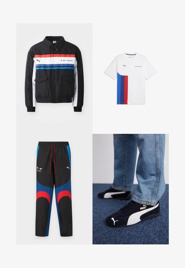 Chaqueta bomber negra con franjas horizontales en rojo, blanco y azul. Cuenta con dos bolsillos frontales y puños y dobladillo elásticos. Logo impreso en el pecho.; Camiseta blanca de Puma Motorsport con franjas verticales en azul, azul oscuro y rojo en el lado izquierdo y logotipos en el pecho.; Pantalones deportivos BMW Motorsport Puma en negro, azul y rojo, con cintura elástica, cordones rojos y logotipos en la parte superior de los muslos.; Zapatillas de ante negras con acentos blancos, que presentan un logo dorado. Combinadas con unos jeans de mezclilla azul claro y colocadas sobre una superficie texturizada azul.