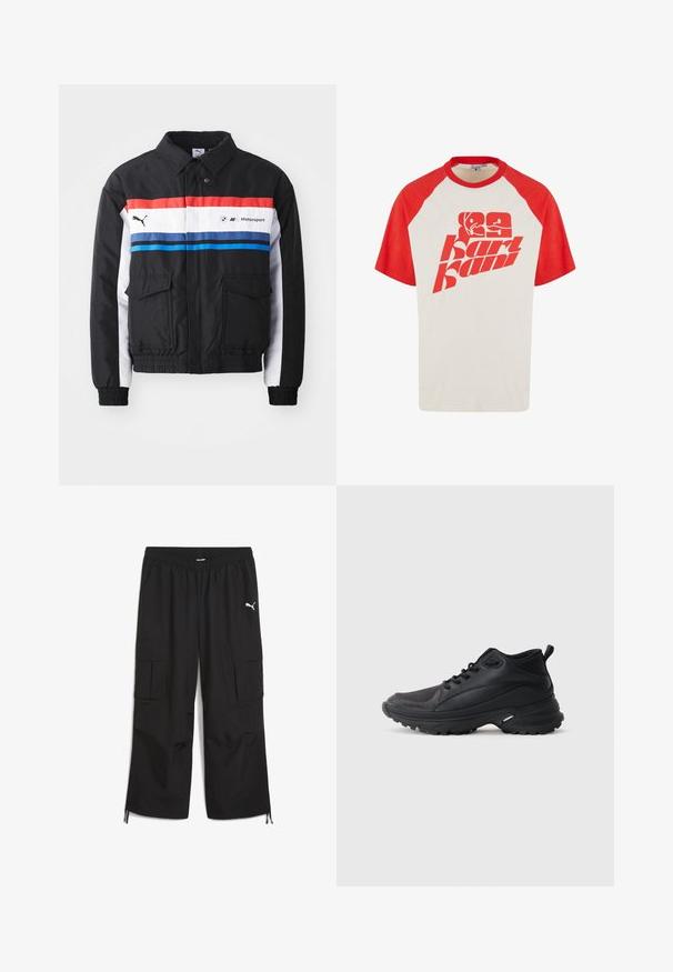 Sort bomberjakke med røde, hvide og blå horisontale striber. Har to forlommer og elastiske manchetter og kant. Logo trykt på brystet.; Rød og cremefarvet kortærmet T-shirt med baseball-style raglanærmer. Har stort rødt "karl kani" grafisk print og rund halsudskæring.; Sorte cargo-bukser med elastisk talje, to sidelommer og et PUMA-logo i hvidt på den øverste venstre ben. Justerbare manchetter i kanten.; Sorte atletikskøjter lavet af syntetisk materiale. Har en polstret krave, rund tå, robust ydersål med godt greb og detaljer med mærkelogo.