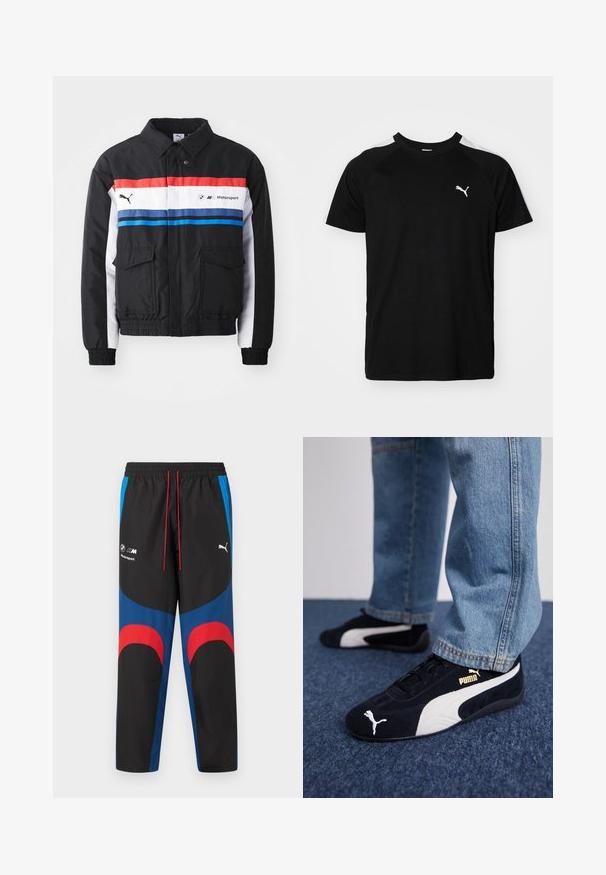 Sort bomberjakke med røde, hvide og blå horisontale striber. Har to forlommer og elastiske manchetter og kant. Logo trykt på brystet.; Sort kortærmet t-shirt med hvide accentstriber på skuldrene, rund halsudskæring og lille hvidt logo på venstre bryst. Blødt stof, klassisk pasform.; Sorte, blå og røde BMW Motorsport Puma træningsbukser med elastisk taljebånd, røde snore og logoer på øvre lår.; Sorte ruskinds sneakers med hvide detaljer og et guldlogo. Båret med lyseblå denimjeans og sat på en struktureret blå overflade.