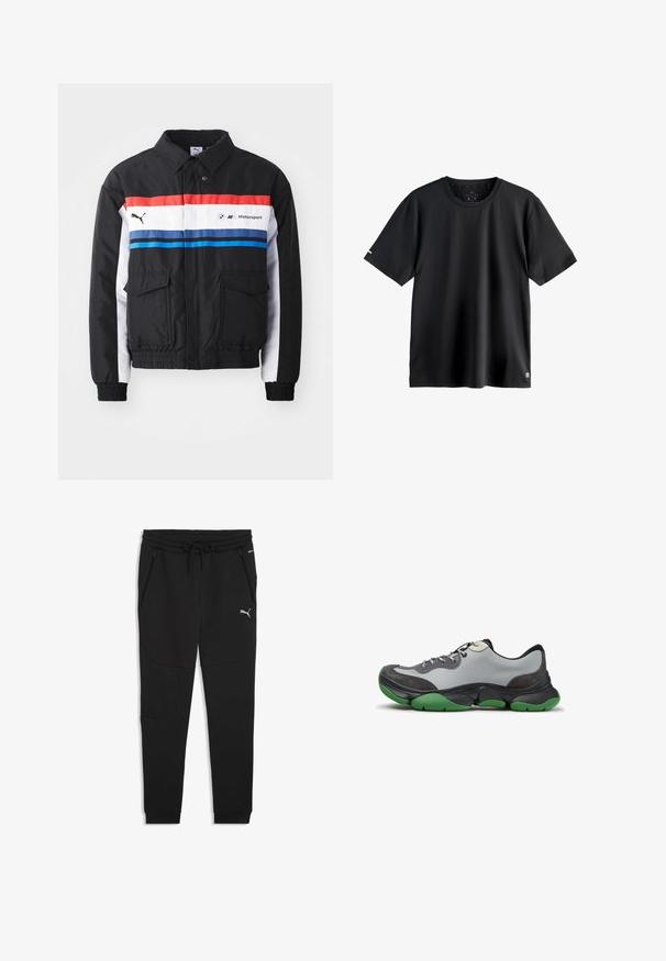 Sort bomberjakke med røde, hvide og blå horisontale striber. Har to forlommer og elastiske manchetter og kant. Logo trykt på brystet.; Enkel sort kortærmet sportst-shirt med rund halsudskæring, medium størrelse mærkat indeni halsudskæringen, og lille logo nederst til venstre.; Sorte joggingbukser med snørelukning i taljen, lynlåslommer og elastiske manchetter. Lavet af et blødt stof med en glat tekstur. Puma-logo vist.; Lavsko sneakers med gråt overdel, sorte og mørkegrå paneler, sorte snørebånd og tyk sort og grøn sål.