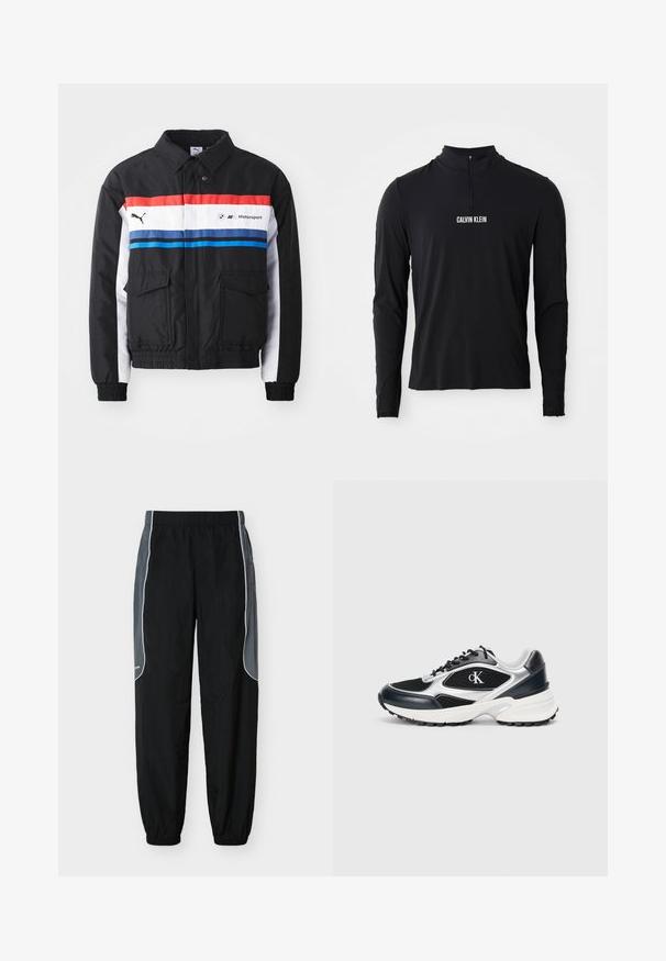 Sort bomberjakke med røde, hvide og blå horisontale striber. Har to forlommer og elastiske manchetter og kant. Logo trykt på brystet.; Sort langærmet top med høj krave, der har en kvartlynlås og hvid "CALVIN KLEIN" logo på forsiden. Glat, strækbart stof.; Sorte træningsbukser med mørkegrå sidelommer og hvid piping, elastisk talje og benafslutninger, vist mod en hvid baggrund.; Sort og sølv atletisk sneakersko med mesh og syntetisk overdel, teksturerede accenter, tykk hvid mellemsål og sort gummisål. Har logo.