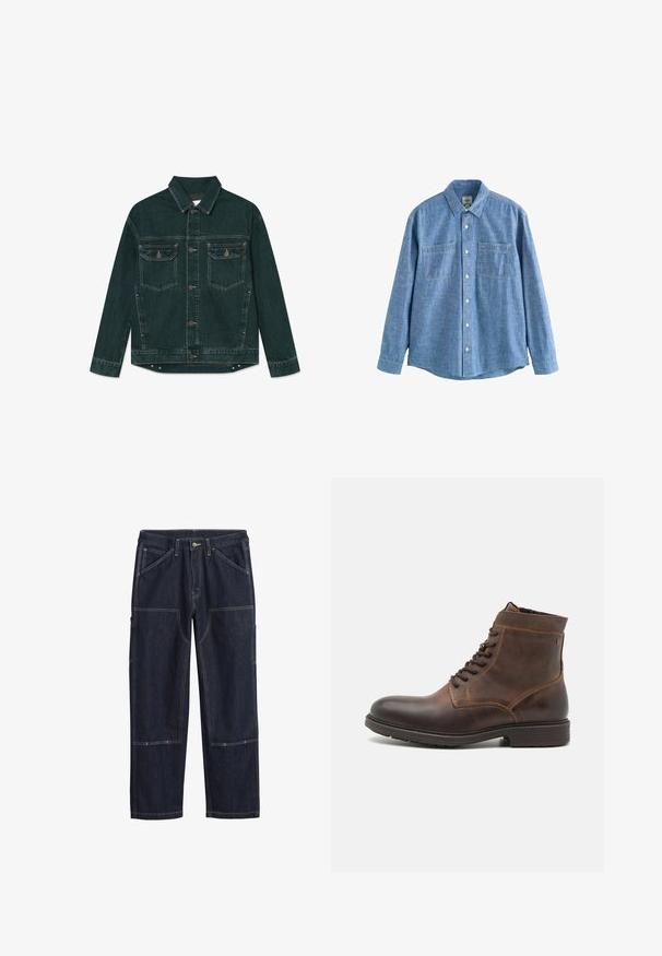 Dunkelgrüne Denimjacke mit durchgehender Knopfleiste, zwei Klapp-Brusttaschen und langen Ärmeln, flach auf einem weißen Hintergrund liegend.; Langärmliges blaues Chambray-Hemd mit Knopfleiste und zwei Brusttaschen, flach auf weißem Hintergrund liegend.; Dunkelblaue Denim-Hosen mit doppelt genähten Nähten, vorn Knopf, Gürtelschlaufen und mehreren verstärkten Taschen an den Beinen.; Jack & Jones JFWDELANEY BOOT - Schnürstiefelette - cognac