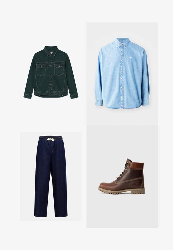 Veste en denim vert foncé avec boutons sur le devant, deux poches poitrine à rabat, et manches longues, posée à plat sur un fond blanc.; Chemise en denim bleu clair à boutons avec manches longues, col pointu et petit logo sur la poitrine gauche. Offre une coupe décontractée et un design classique.; Pantalons jogger en denim bleu foncé avec une taille élastique, un cordon de serrage et des poches latérales, présentant des détails de surpiqûres contrastées.; Bottine en cuir marron à lacets, avec un col rembourré, des coutures contrastées et une semelle robuste, vue de l'extérieur sur un fond blanc.