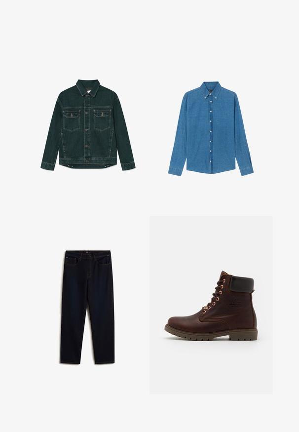 Veste en denim vert foncé avec boutons sur le devant, deux poches poitrine à rabat, et manches longues, posée à plat sur un fond blanc.; Chemise en denim bleu avec un col button-down, des manches longues et des boutons sur le devant. Le tissu présente une finition texturée avec une coupe classique.; Vans Jean boyfriend - dark blue; Bottine en cuir marron foncé avec col noir rembourré, lacets à l’avant et semelle en caoutchouc robuste, vue de côté sur fond blanc.