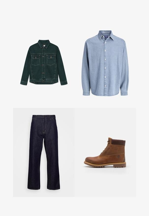 Dunkelgrüne Denimjacke mit durchgehender Knopfleiste, zwei Klapp-Brusttaschen und langen Ärmeln, flach auf einem weißen Hintergrund liegend.; Himmelblaue Jeanshemd mit langen Ärmeln, Kragen und weißen Knöpfen, präsentiert vor einem schlichten weißen Hintergrund.; Dunkelblaue gerade geschnittene Jeans aus Denim mit vorderen Taschen, Gürtelschlaufen, Reißverschluss und Knopfverschluss, präsentiert vor einem schlichten weißen Hintergrund.; Braune Lederwanderschuhe mit glatter Oberfläche, gepolstertem Knöchel, Metallösen und einer Gummisohle mit robustem Profil.