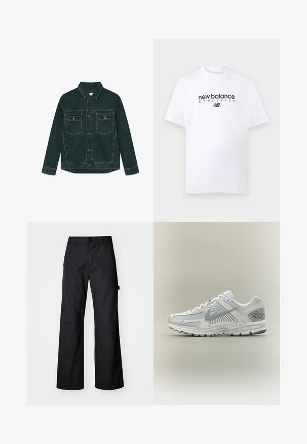 Donkergroene spijkerjas met knoopsluiting aan de voorkant, twee klepzakken op de borst en lange mouwen, plat neergelegd op een witte achtergrond.; Wit katoenen T-shirt met een ronde hals, met een zwart "new balance"-logo en de tekst "ATHLETICS" gecentreerd op de voorkant. Korte mouwen, standaard pasvorm.; Zwarte, wijde broek gemaakt van duurzaam materiaal. Voorzien van een knoopsluiting en zijzakken. Glad textuur met een strakke uitstraling.; Witte en grijze Nike hardloopschoen met mesh en synthetische overlays, grijs swoosh-logo, gedempte zool en gestructureerde hielondersteuning.