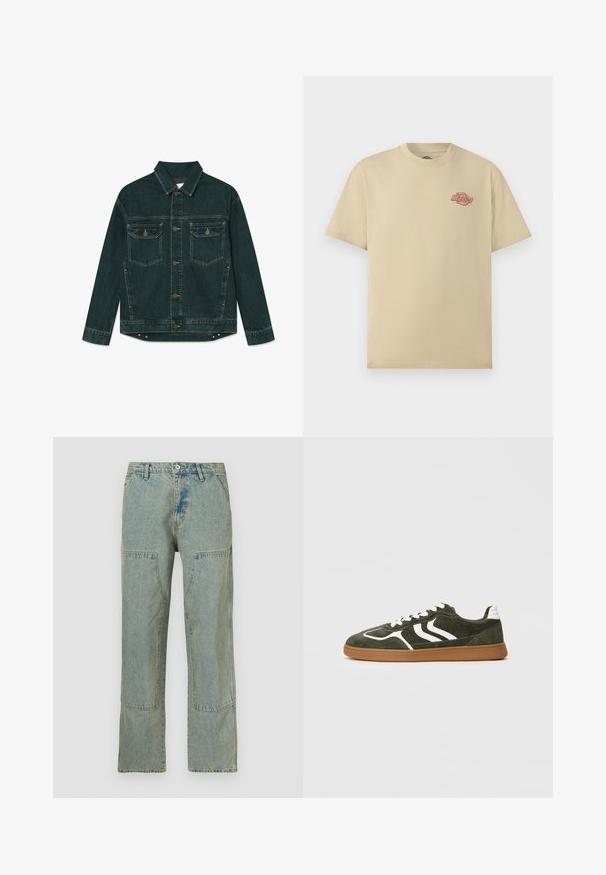 Donkergroene spijkerjas met knoopsluiting aan de voorkant, twee klepzakken op de borst en lange mouwen, plat neergelegd op een witte achtergrond.; Beige T-shirt met korte mouwen en ronde hals, met een klein rood "Dickies" logo op de linkerborst.; Lichtblauwe denim jeans met een losse pasvorm, voorzien van patchworkdetails op de voorzakken en een licht verweerde textuur.; Groene suède sneaker met witte strepen, witte veters, een gevoerde witte hiel en een rubberen zool van natuurlijk rubber, weergegeven in profiel tegen een eenvoudige achtergrond.