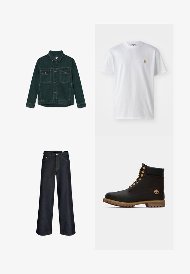 Dunkelgrüne Denimjacke mit durchgehender Knopfleiste, zwei Klapp-Brusttaschen und langen Ärmeln, flach auf einem weißen Hintergrund liegend.; Weißes Baumwoll-T-Shirt mit kurzen Ärmeln, Rundhalsausschnitt, mit einem kleinen goldenen Logo im linken Brustbereich. Weicher Stoff und normale Passform.; Dunkelblaue Jeans mit weitem Bein, Vorderknöpfen, Taschen und sichtbarer oranger Naht auf weißem Hintergrund.; Schwarze Leder-Ankle-Boots mit goldenen Ösen, braunen Akzenten und einer Gummisohle. Verfügt über einen gepolsterten Schaft und ein geprägtes Logo an der Seite.