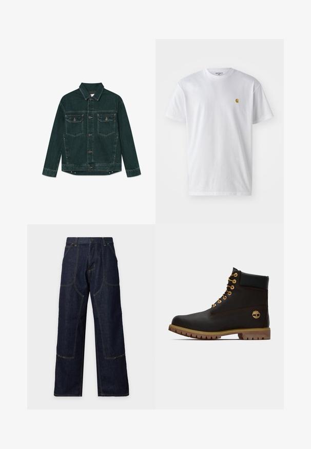 Tmavozelená rifľová bunda s gombíkovou légou, dvoma náprsnými vreckami so záklopkou a dlhými rukávmi, položená nabok na bielom pozadí.; Biele bavlnené tričko s krátkymi rukávmi, okrúhlym výstrihom, s malým zlatým logom na ľavej strane hrude. Mäkká textúra a normálny strih.; Tmavomodré džínsové nohavice s širšími nohavicami, kontrastným prešitím, prednými našitými vreckami a zapínaním na gombík v páse.; Čierne kožené členkové topánky so zlatými očkami, hnedými akcentmi a gumovou podrážkou. Majú polstrovaný golier a embosované logo na boku.
