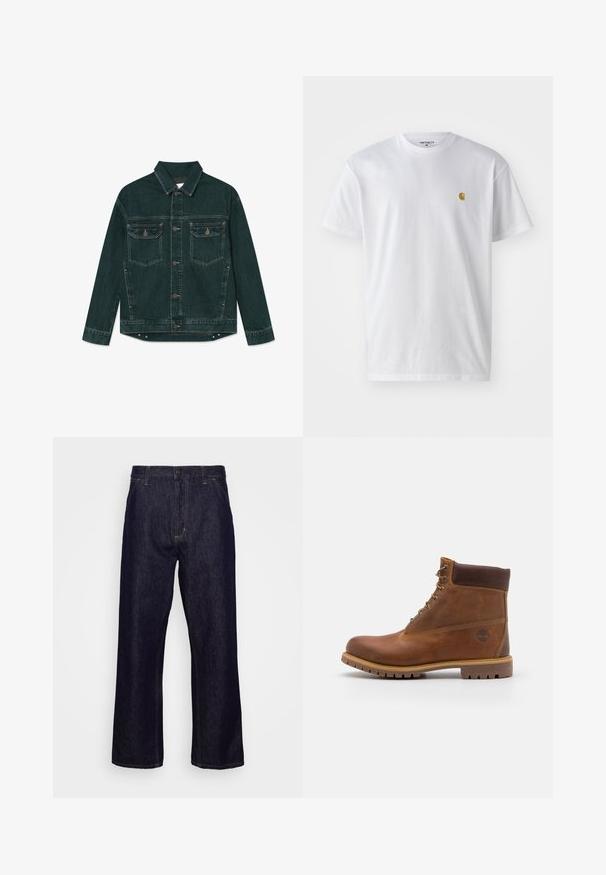 Dunkelgrüne Denimjacke mit durchgehender Knopfleiste, zwei Klapp-Brusttaschen und langen Ärmeln, flach auf einem weißen Hintergrund liegend.; Weißes Baumwoll-T-Shirt mit kurzen Ärmeln, Rundhalsausschnitt, mit einem kleinen goldenen Logo im linken Brustbereich. Weicher Stoff und normale Passform.; Dunkelblaue gerade geschnittene Jeans aus Denim mit vorderen Taschen, Gürtelschlaufen, Reißverschluss und Knopfverschluss, präsentiert vor einem schlichten weißen Hintergrund.; Braune Lederwanderschuhe mit glatter Oberfläche, gepolstertem Knöchel, Metallösen und einer Gummisohle mit robustem Profil.
