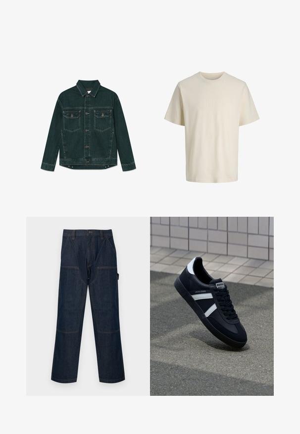 Dunkelgrüne Denimjacke mit durchgehender Knopfleiste, zwei Klapp-Brusttaschen und langen Ärmeln, flach auf einem weißen Hintergrund liegend.; Beige Kurzarm-T-Shirt mit Rundhalsausschnitt und erhabenen "ORIGINALS"-Schriftzug mittig auf der Brust, einfarbiger Hintergrund.; Dunkelblaue Jeans-Arbeitshose mit geraden Beinen, verstärkten Kniepatches, Seitentaschen, Gürtelschlaufen und einem vorderen Knopfverschluss.; Schwarze Leder-Sneaker mit weißen Streifen, strukturiertem Gummisohle und Schnürung. Verfügt über ein Markenetikett auf der Zunge.