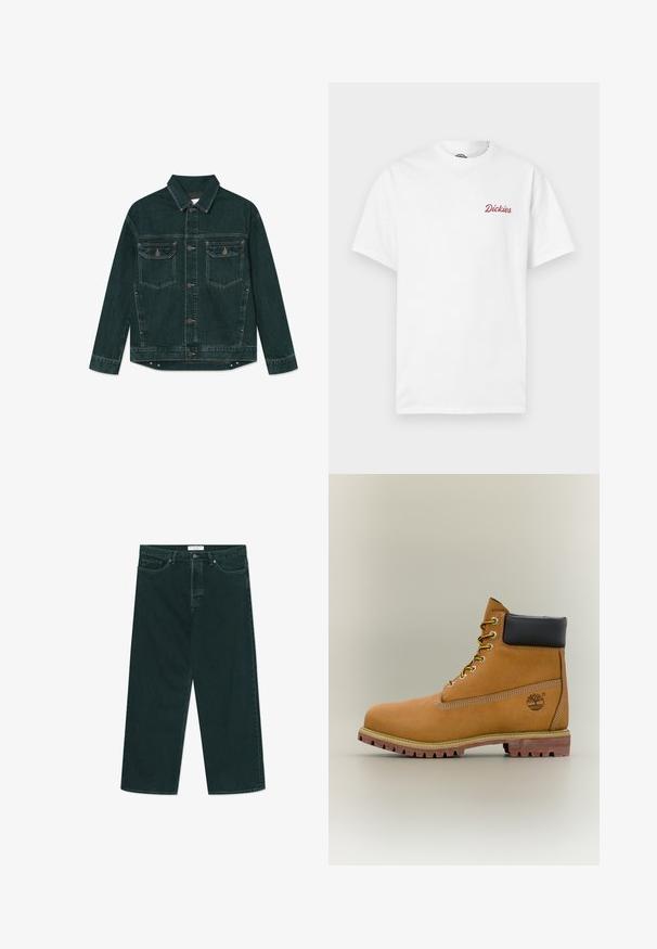 Dunkelgrüne Denimjacke mit durchgehender Knopfleiste, zwei Klapp-Brusttaschen und langen Ärmeln, flach auf einem weißen Hintergrund liegend.; Weißes Baumwoll-T-Shirt mit kurzen Ärmeln. Mit rotem Textlogo "Dickies" auf der linken Brust, rundem Halsausschnitt und normaler Passform.; Dunkelgrüne weit geschnittene Jeans aus Denim mit Knopf- und Reißverschluss, Fronttaschen und Gürtelschlaufen, flach auf einem weißen Hintergrund ausgelegt.; Brauner Leder-Stiefelette mit schwarzem Kragen, gelben Schnürsenkeln und hellbrauner Sohle. Verfügt über ein Logo und weiße Ziernähe. Robuste Profilsohle.