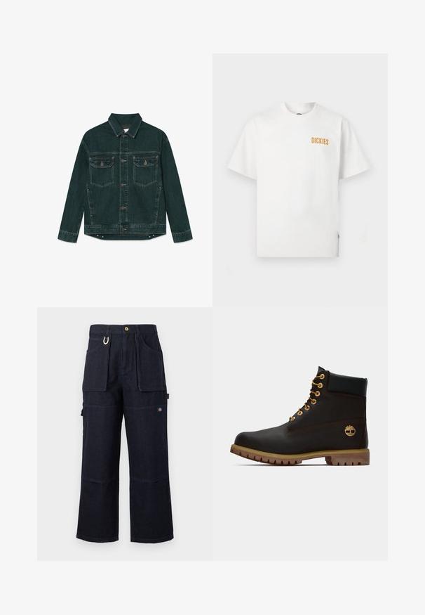 Chaqueta de mezclilla verde oscuro con cierre de botones, dos bolsillos en el pecho con solapa y mangas largas, extendida sobre un fondo blanco.; Camiseta blanca de manga corta con cuello redondo y pequeño logo naranja "DICKIES" en la parte superior del lado izquierdo del pecho.; Pantalones de trabajo de mezclilla azul oscuro de pierna ancha con grandes bolsillos delanteros y laterales, cierre de botones y pequeño parche con logo en el muslo.; Bota de cuero negro de tobillo con ojales dorados, acentos marrones y suela de goma. Presenta un cuello acolchado y un logotipo en relieve en el costado.
