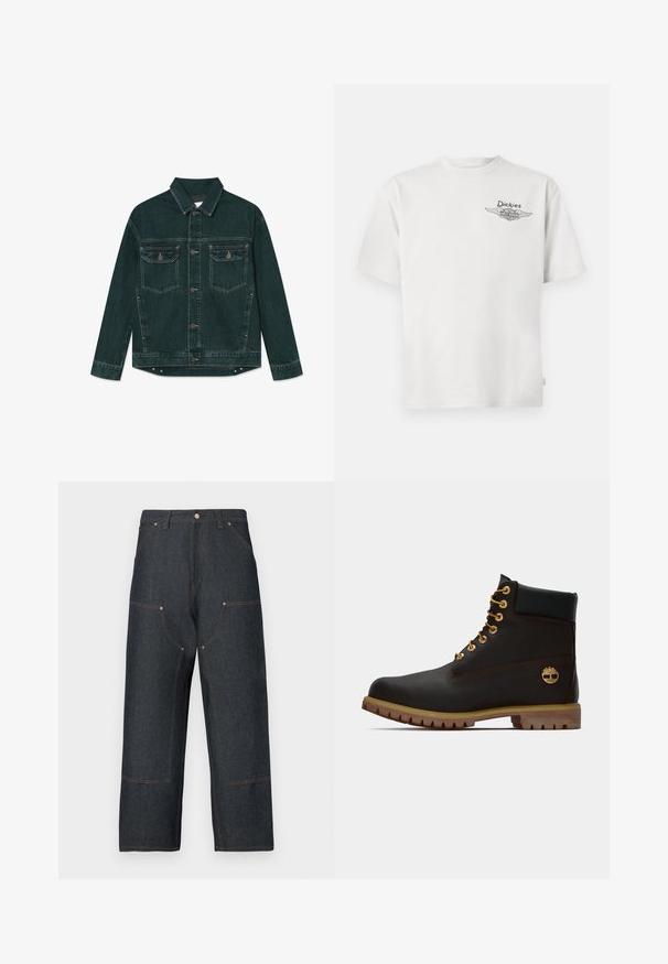 Dunkelgrüne Denimjacke mit durchgehender Knopfleiste, zwei Klapp-Brusttaschen und langen Ärmeln, flach auf einem weißen Hintergrund liegend.; Weißes T-Shirt mit kurzen Ärmeln und kleinem "Dickies"- sowie Harley-Davidson Flügel-Logo auf der linken Brust gedruckt.; Dunkelblaue Denim-Jeans mit weitem Bein, kontrastierenden orangefarbenen Nähten, vorderen Taschen und einem klassischen Knopfverschluss.; Schwarze Leder-Ankle-Boots mit goldenen Ösen, braunen Akzenten und einer Gummisohle. Verfügt über einen gepolsterten Schaft und ein geprägtes Logo an der Seite.