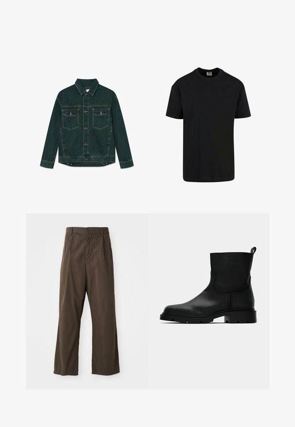 Tummanvihreä farkkutakki, jossa napillinen edusta, kaksi läppätaskua rinnassa ja pitkät hihat, aseteltu tasaisesti valkoiselle taustalle.; Urban Classics SHORTSLEEVE - T-paita - black; Ruskeat, leveälahkeiset housut, jotka on valmistettu puuvillasta ja joissa on edessä nappisuljenta, vyölenkit sekä sileä, matteepinta.; Musta nahkasaapas, joka ulottuu säärten puoliväliin, pyöreällä varvalla, litteällä urapohjalla, vetokielekkeellä takana ja hienovaraisella kohokuvioidulla logolla varsiosassa.