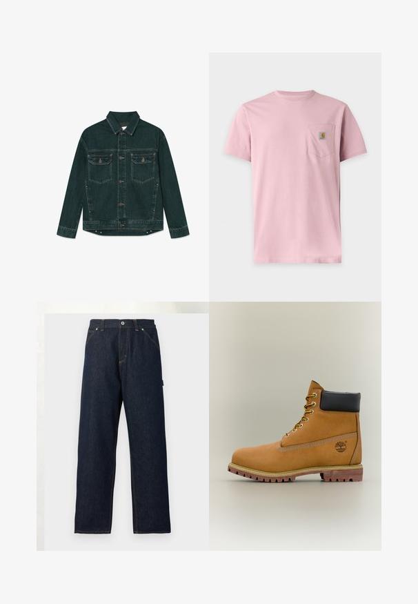 Dunkelgrüne Denimjacke mit durchgehender Knopfleiste, zwei Klapp-Brusttaschen und langen Ärmeln, flach auf einem weißen Hintergrund liegend.; Schlichtes rosa T-Shirt mit kurzen Ärmeln und einer Brusttasche mit kleinem rechteckigem Carhartt-Logo.; Dunkelblaue Jeans mit geradem Bein, Vorderentaschen, Gürtelschlaufen und Knopfverschluss in der Taille vor einfarbigem Hintergrund.; Brauner Leder-Stiefelette mit schwarzem Kragen, gelben Schnürsenkeln und hellbrauner Sohle. Verfügt über ein Logo und weiße Ziernähe. Robuste Profilsohle.