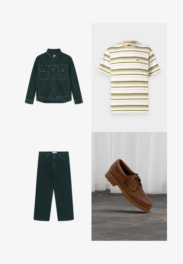 Veste en denim vert foncé avec boutons sur le devant, deux poches poitrine à rabat, et manches longues, posée à plat sur un fond blanc.; T-shirt blanc à manches courtes avec des rayures horizontales vert olive et un petit patch logo rectangulaire sur le côté gauche de la poitrine.; Jeans en denim vert foncé à jambes larges avec fermeture à bouton et à zip, poches avant et passants de ceinture, posés à plat sur un fond blanc.; Chaussure de bateau en cuir marron avec des lacets noirs, des coutures beiges et une semelle robuste, suspendue au-dessus d'un sol en béton gris.