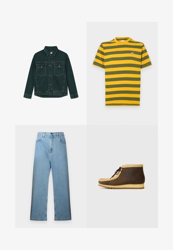 Dunkelgrüne Denimjacke mit durchgehender Knopfleiste, zwei Klapp-Brusttaschen und langen Ärmeln, flach auf einem weißen Hintergrund liegend.; Kurzärmeliges T-Shirt mit gelb-grünen horizontalen Streifen, Rundhalsausschnitt und kleinem Logodetail auf der Brust. Aus Baumwollmaterial.; Hellblaue Jeans aus Denim mit hoher Taille, weitem Schnitt, Gürtelschlaufen und fünf Taschen. Der Stoff hat eine glatte Struktur mit minimal ausgewaschenen Stellen.; Braune Leder-Stiefeletten mit einem Kragen aus hellbraunem Wildleder, runder Spitze und braunen Schnürsenkeln. Sie verfügen über eine strukturierte Gummisohle für guten Halt.