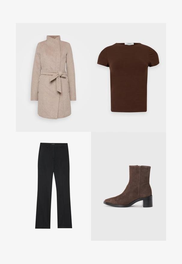 Beige wollen jas met hoge kraag, strikriem, voorzakken en visgraatstructuur. Beschikt over een getailleerd ontwerp en knoopsluiting.; Bruine T-shirt met korte mouwen en een ronde hals, met een effen ontwerp en een Topshop-label bij de hals.; Zwarte broeken met een rechte snit, gladde stof en zonder zichtbare patronen. Ontworpen met klassieke voorzakken en een ritsluiting.; Bruine suède enkellaars met een spitse neus en blokhak. Heeft een gladde textuur en een logo-detail aan de zijkant.