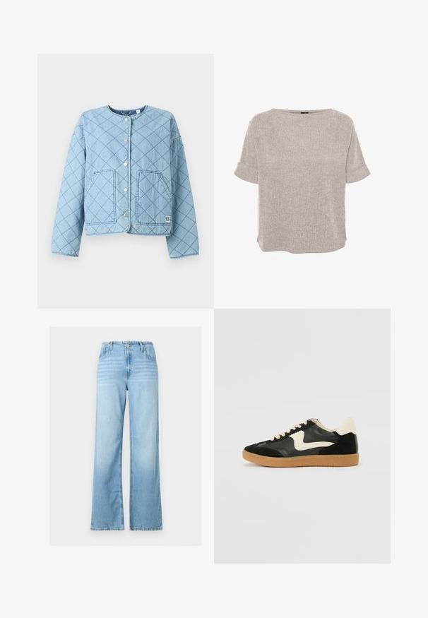 Veste en jean matelassée bleu clair avec un col arrondi, des fermetures à pression à l'avant et deux grandes poches plaquées. Présente un motif en losanges.; Blouse texturée gris clair à manches courtes, col rond et poignets repliés, coupe ample.; Jean denim bleu clair à jambes larges avec bouton et fermeture éclair à l'avant, passants pour ceinture, et design cinq poches.; Baskets en daim et cuir noir avec un swoosh latéral crème et un talon crème clair. Dotées de lacets beige et d'une semelle en caoutchouc gomme.