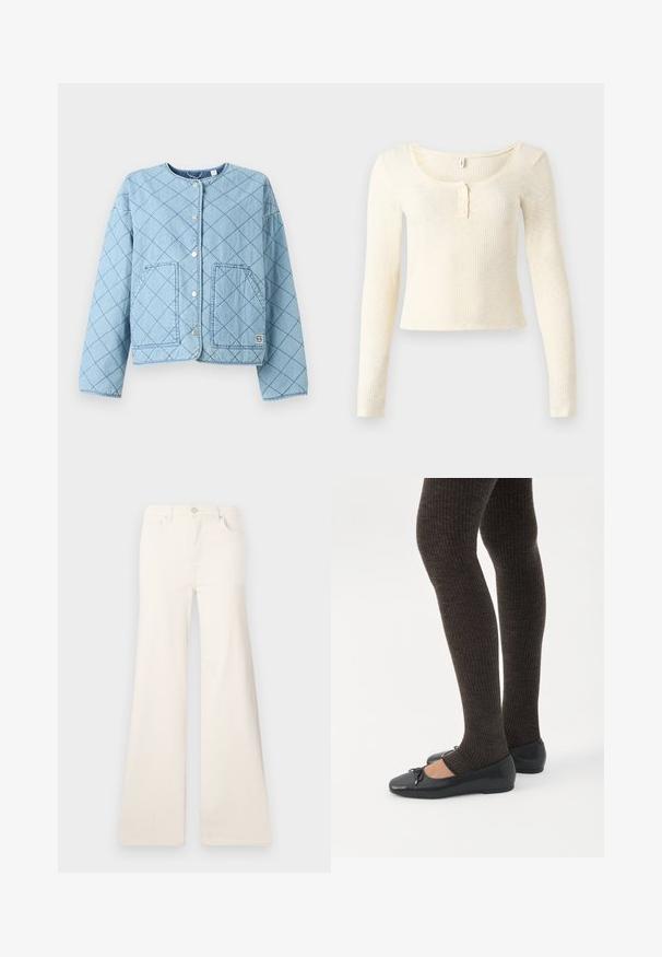 Veste en jean matelassée bleu clair avec un col arrondi, des fermetures à pression à l'avant et deux grandes poches plaquées. Présente un motif en losanges.; Top à manches longues en maille côtelée de couleur crème clair ; présente un col rond et une patte de boutonnage à trois boutons. Texture douce et coupe ajustée.; ONLY Wide-fit ONLMADISON High waist Wide Leg Fit - Wide Leg - ecru; Jambes portant des leggings côtelés foncés associés à des ballerines noires avec de petits détails en nœud sur fond blanc.