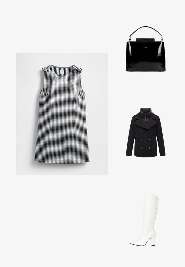 Sort dobbeltradet frakke med brede revers, lynlås i kraven og sidelommer. Lavet af en uldblanding med en glat tekstur og mat finish.; Ærmeløs navy og hvid gingham kjole med rund halsudskæring og knapdetaljer på begge skuldre, lagt fladt på en hvid baggrund.; Salinyang Høje støvler/ Støvler - weiss; Sorte patentlæder håndtaske med et struktureret design, der har et top håndtag, guld hardware detaljer og en lille frontklap.