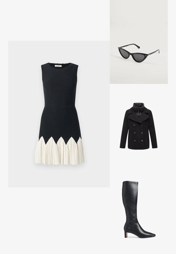 Abrigo negro de doble botonadura con amplios solapas, cuello con cremallera y bolsillos laterales. Confeccionado en una mezcla de lana con una textura suave y un acabado mate.; Vestido sin mangas con un cuerpo ajustado negro, dobladillo de crema con volantes que presenta un patrón en zigzag. Textura suave, escote redondo, longitud hasta el muslo.; Botín negro hasta la rodilla, hecho de cuero suave. Presenta una punta afilada y un tacón bloque moderado, con costuras visibles en la parte superior.; Gafas de sol estilo cat-eye negras con lentes oscuros y patillas delgadas, con la marca Polaroid en las varillas, exhibidas sobre una superficie blanca.