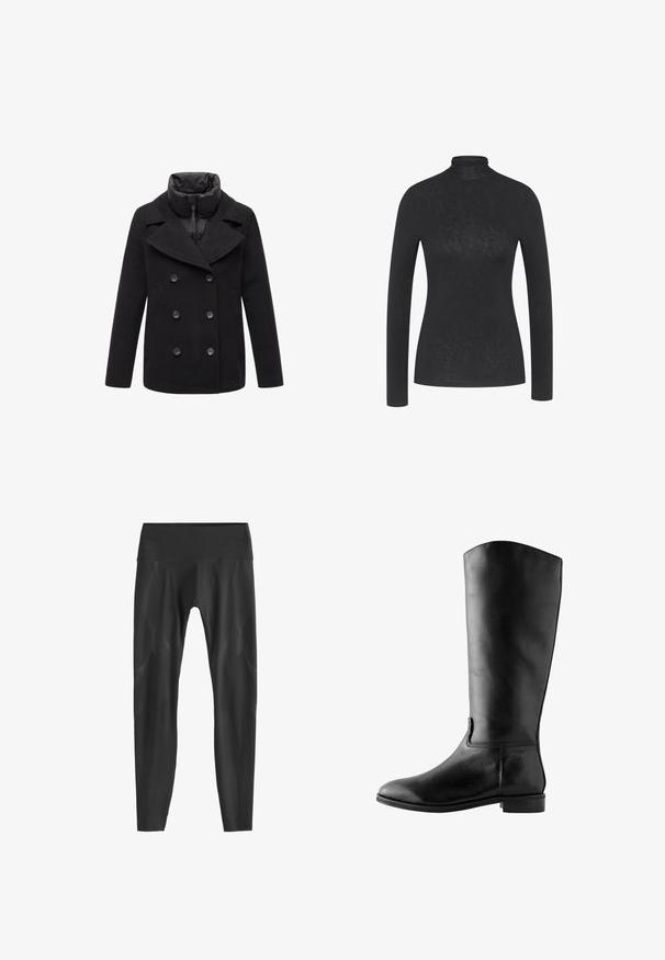 Abrigo negro de doble botonadura con amplios solapas, cuello con cremallera y bolsillos laterales. Confeccionado en una mezcla de lana con una textura suave y un acabado mate.; Camisa negra de manga larga con cuello alto hecha de tela suave, con un ajuste Slim y un diseño minimalista sin patrones o acentos visibles.; Leggings negros con una cinturilla alta, hechos de un material elástico que presenta un sutil patrón texturizado a lo largo de los lados. Diseño ajustado.; Bota de cuero negra hasta la rodilla con tacón bajo, punta redondeada y costuras mínimas, mostrada de lado sobre un fondo blanco.