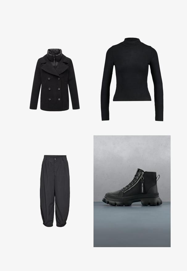 Sort dobbeltradet frakke med brede revers, lynlås i kraven og sidelommer. Lavet af en uldblanding med en glat tekstur og mat finish.; Sort langærmet turtleneck top lavet af ribbet stof, med en tætsiddende design og slank silhuet. Ingen mønstre eller detaljer.; Løstsiddende sorte bukser med læg foran, knaplukning, bæltestropper og let tilspidsede ben, der ender over anklen.; Sorte ankelstøvler lavet af syntetisk materiale, med en sidelukning i form af lynlås, snørebånd og tykke, rummelige såler. Struktureret overflade og kontrastfarver.