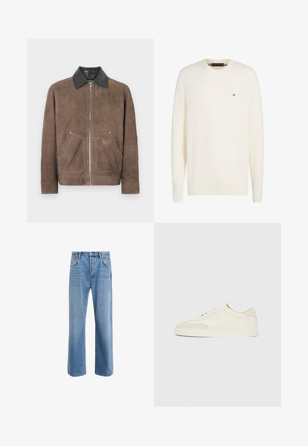 Brun ruskindjakke med en sort læderkrave, lynlås foran og to store lommeposer; blød tekstur og afslappet design.; Kremfarvet langærmet crew neck trøje med lille Tommy Hilfiger flag logo på venstre bryst og ribstrikkede manchetter og kant.; Lyseblå denim jeans med lige ben-design, fem lommer, knaplukning, minimal falming og kontraststingdetaljer.; Hvide ruskinds-sneakers med en glat finish, rund tå, fladt snøresystem og kontrasterende teksturerede detaljer. Indeholder et diskret logo.