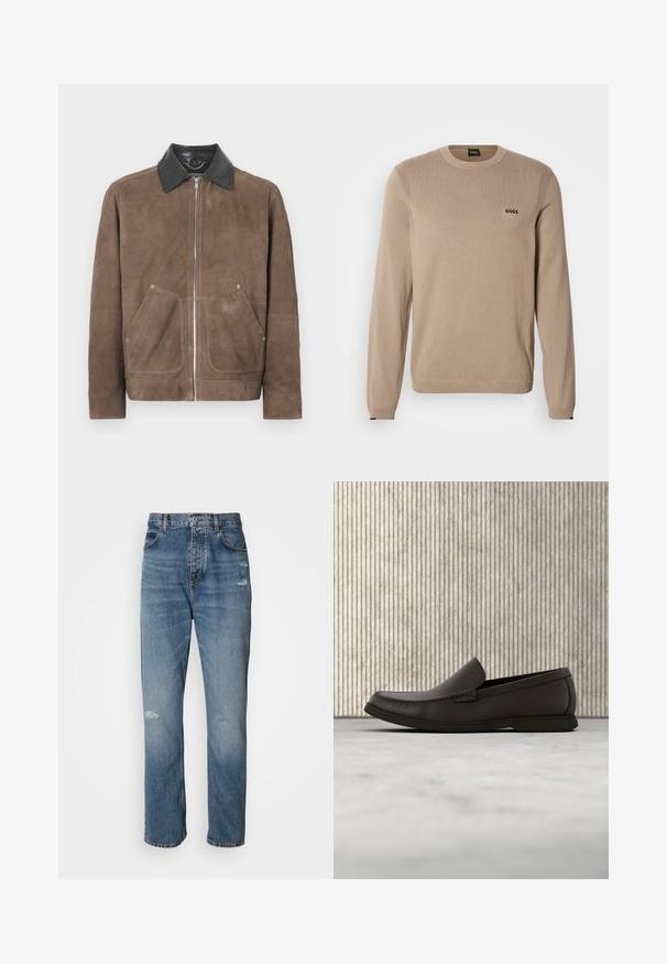 Bruine suedjasje met een zwart leren kraag, voorgesneden ritssluiting en twee grote opgestikte zakken; zachte textuur en casual ontwerp.; Beige gebreide trui met lange mouwen, ronde hals, geribbelde details en een klein zwart 'BOSS' logo op de borst. Zachte textuur, klassieke pasvorm.; Lichtblauwe denim jeans met een rechte pijpdesign, voorzien van een knoop- en ritssluiting, vijf zakken en verwerkte details nabij de knie.; Donkerbruine leren instappers met een ronde neus, subtiele stikdetails en een lage rubberen zool. Gladde textuur met een flexibele pasvorm.