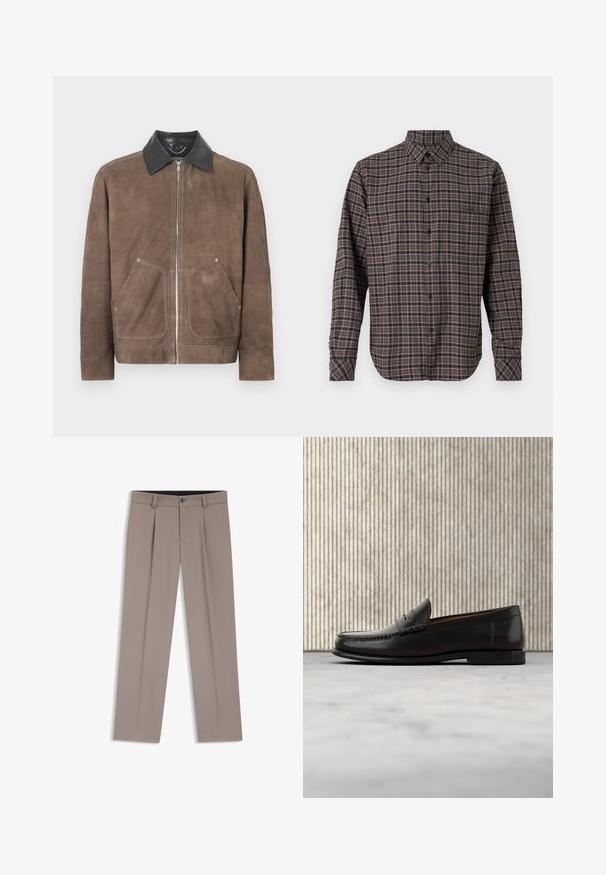 Chaqueta de ante marrón con cuello de cuero negro, cierre frontal con cremallera y dos grandes bolsillos de parche; textura suave y diseño informal.; Camisa de franela de manga larga en verde oscuro, con un patrón a cuadros que incluye líneas rosas y blancas, cierre de botones y un bolsillo en el pecho.; Pantalones de hombre a medida de color marrón claro con trabillas para cinturón, pliegues, botón frontal y cremallera, colocados planos sobre un fondo blanco.; Mocasín penny de cuero negro con tacón bajo, punta redondeada y detalles cosidos en la parte delantera y los laterales, mostrado sobre un fondo neutro.